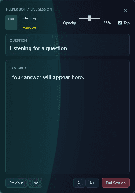 Helper Bot live session listening screen