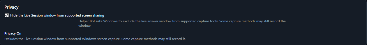 Helper Bot privacy controls screen
